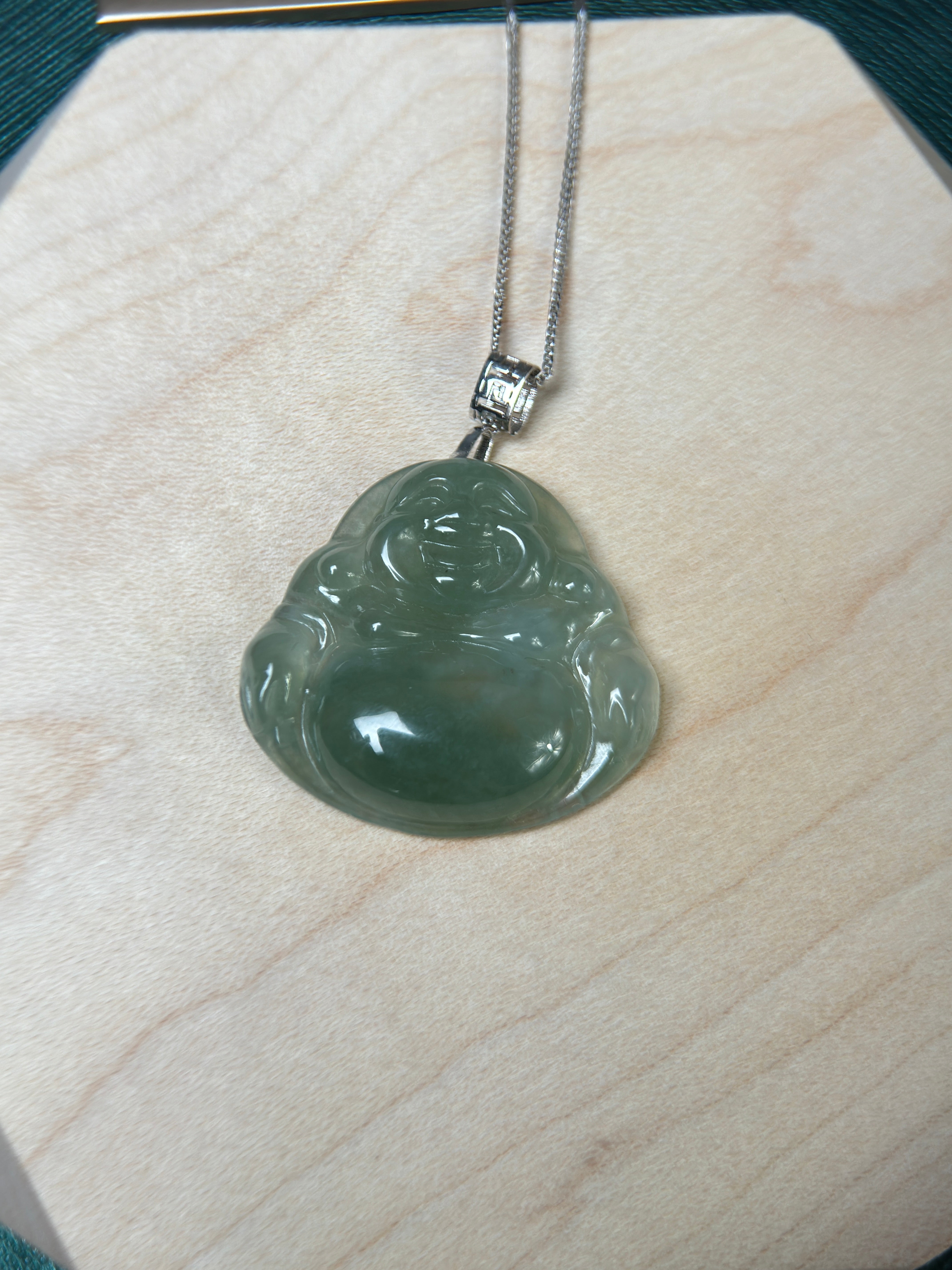 Genuine Burmese Green Jadeite Jade Happy Buddha Pendant with 18K Gold Bail